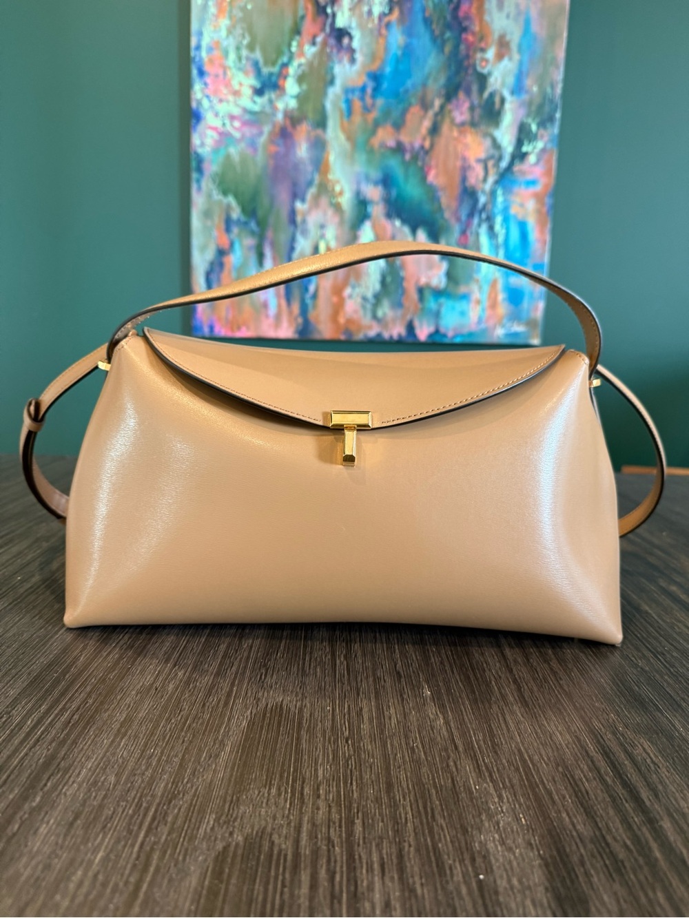 T-lock leather top handle camel